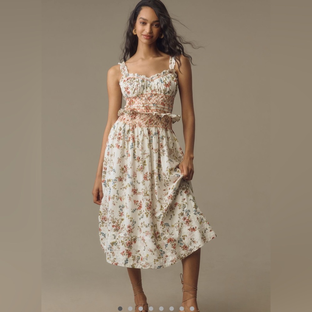 NWT By Anthropologie Sleeveless Smocked-Waist Ruffled Midi Dress Size S